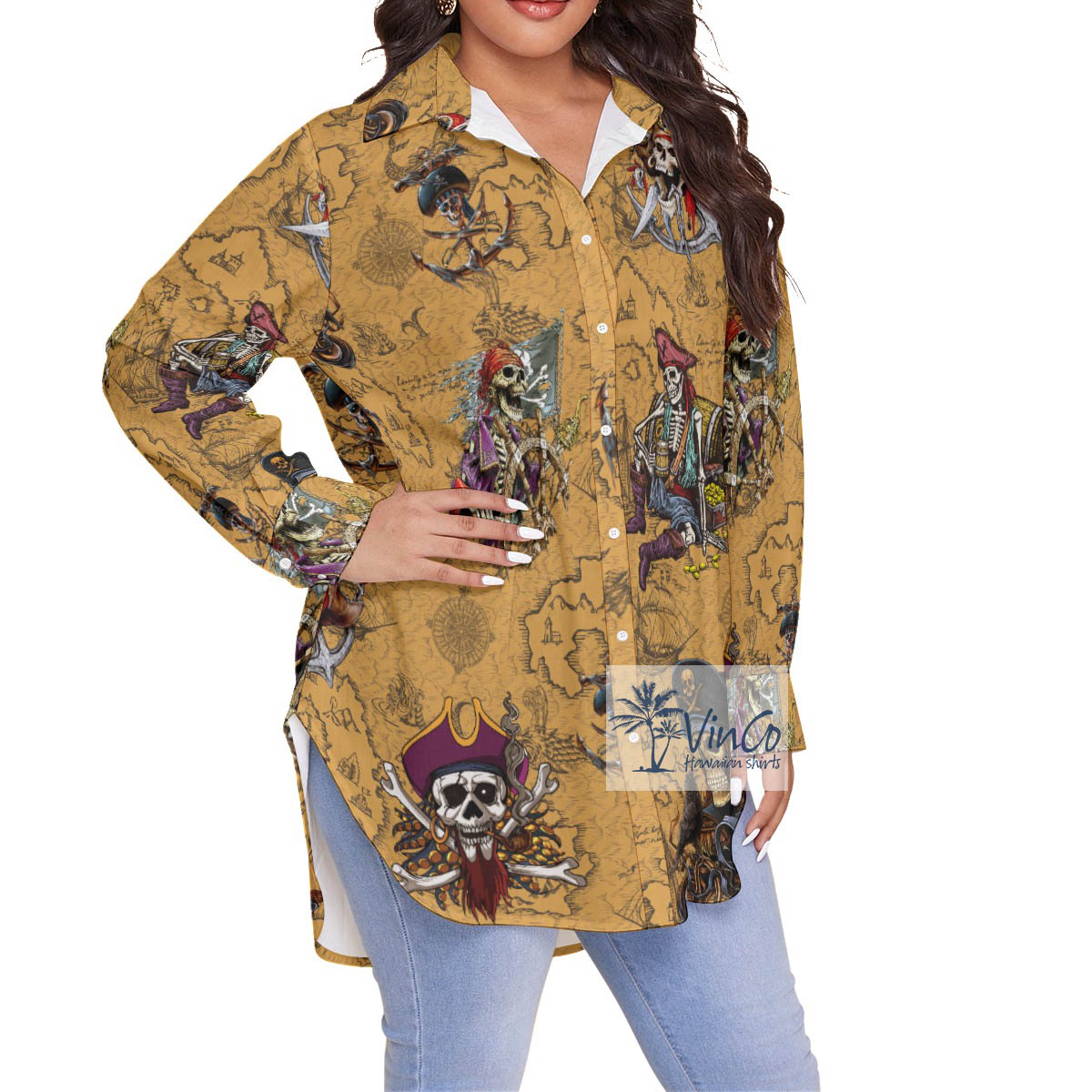 Pirate Skeleton Vintage Aloha Oversize Shirt For Women