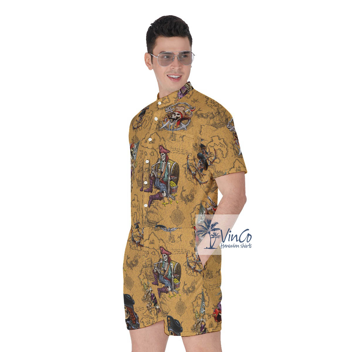Funny Skeleton Pirate Vintage Men's Aloha Romper