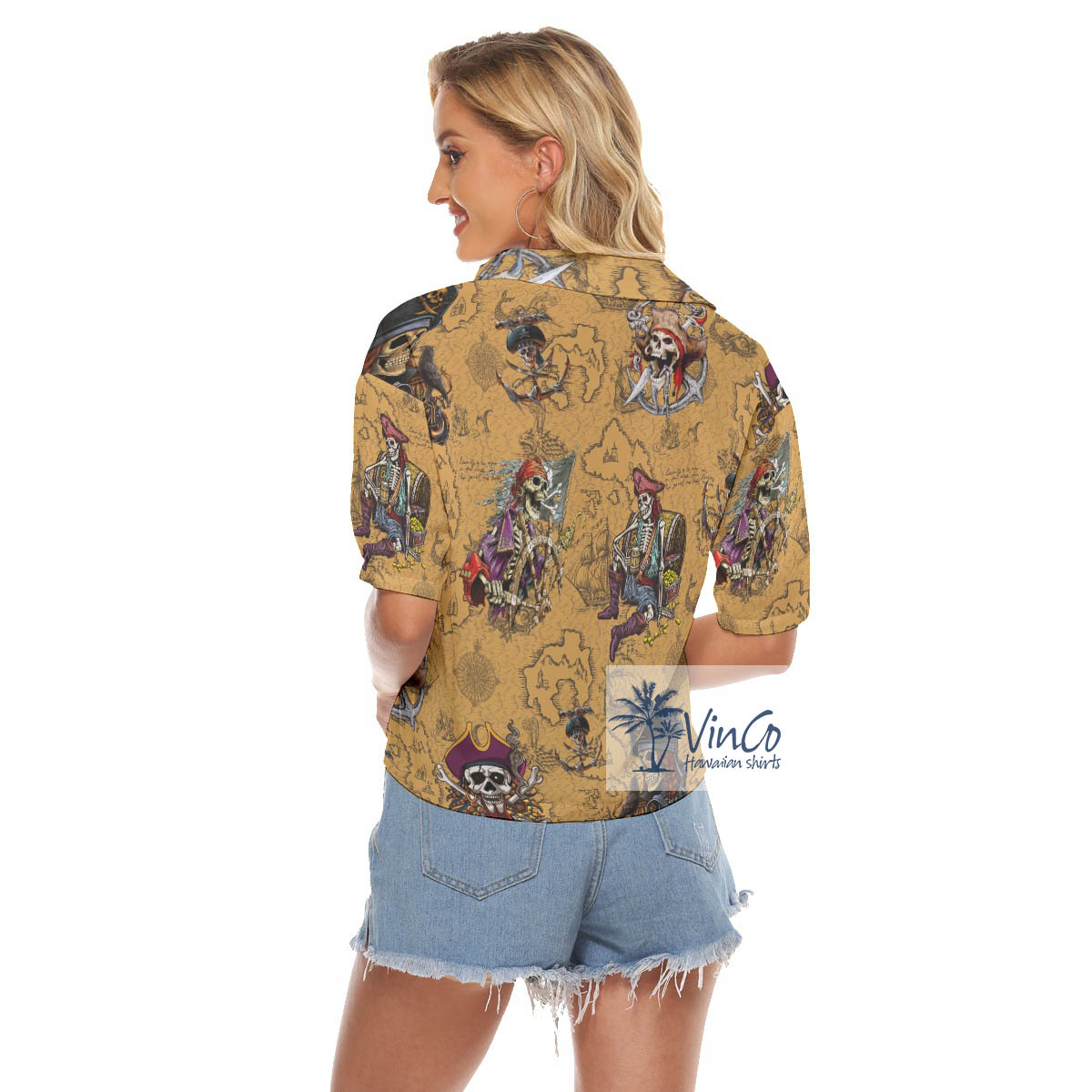 Funny Pirate Skeleton Vintage Yellow Hawaiian Cropped Shirt