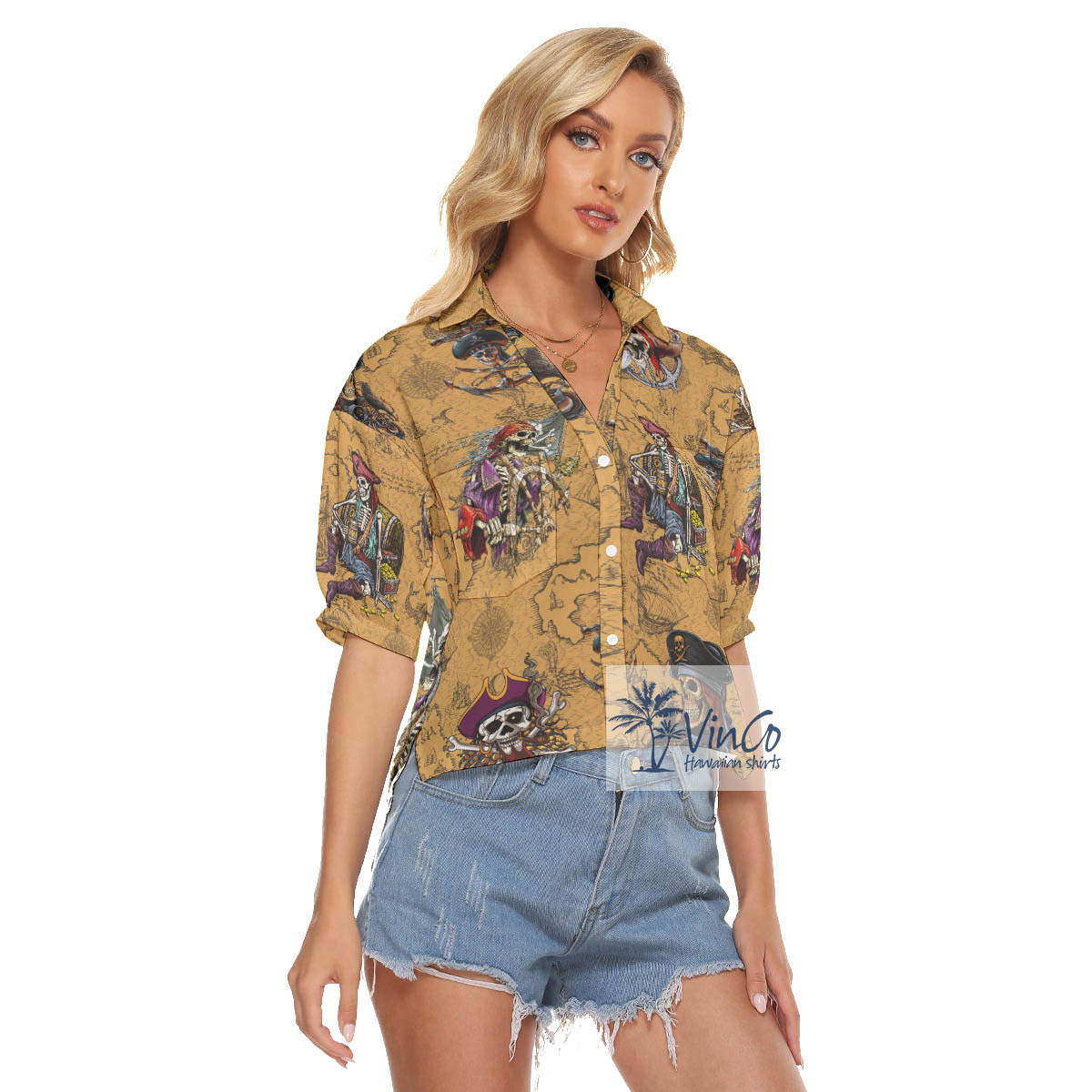 Funny Pirate Skeleton Vintage Yellow Hawaiian Cropped Shirt