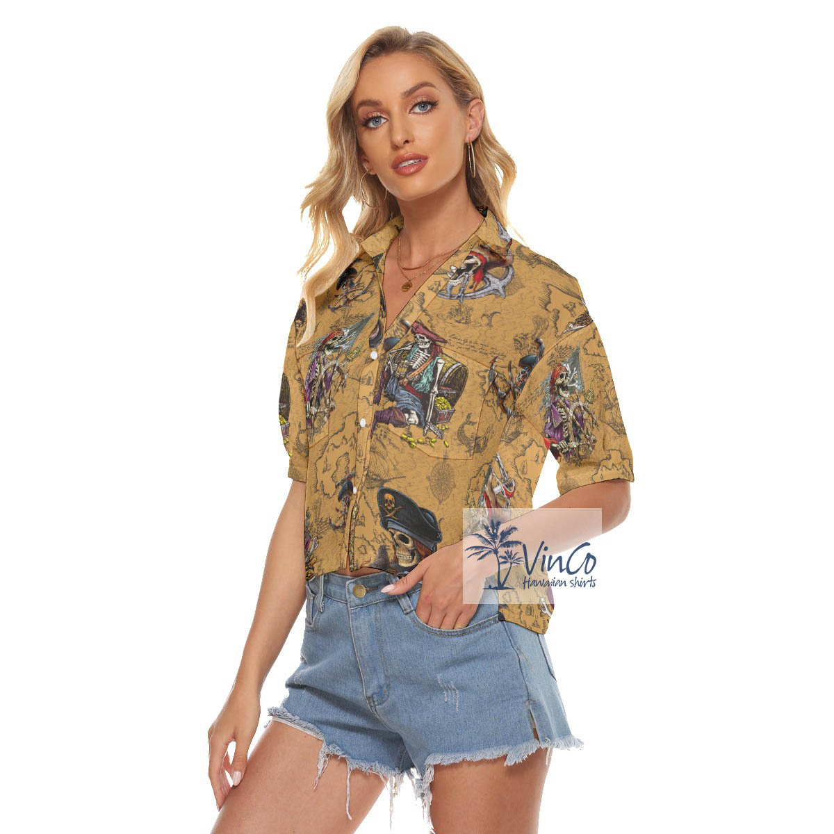 Funny Pirate Skeleton Vintage Yellow Hawaiian Cropped Shirt