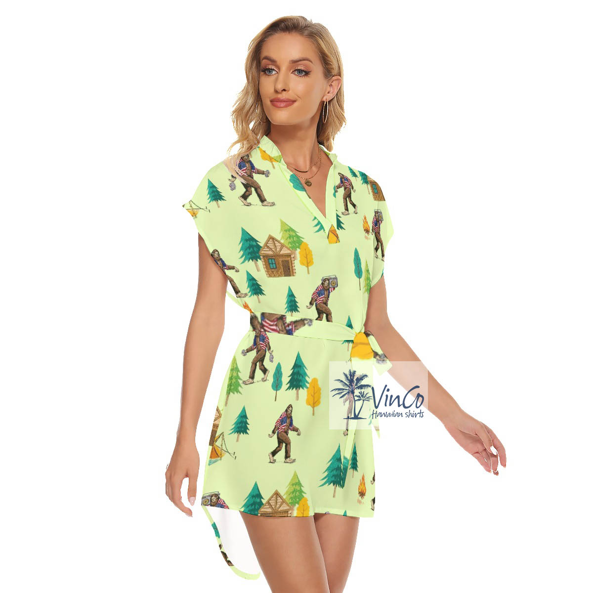 Bigfoot Camping Summer Hawaiian Dress With Tie