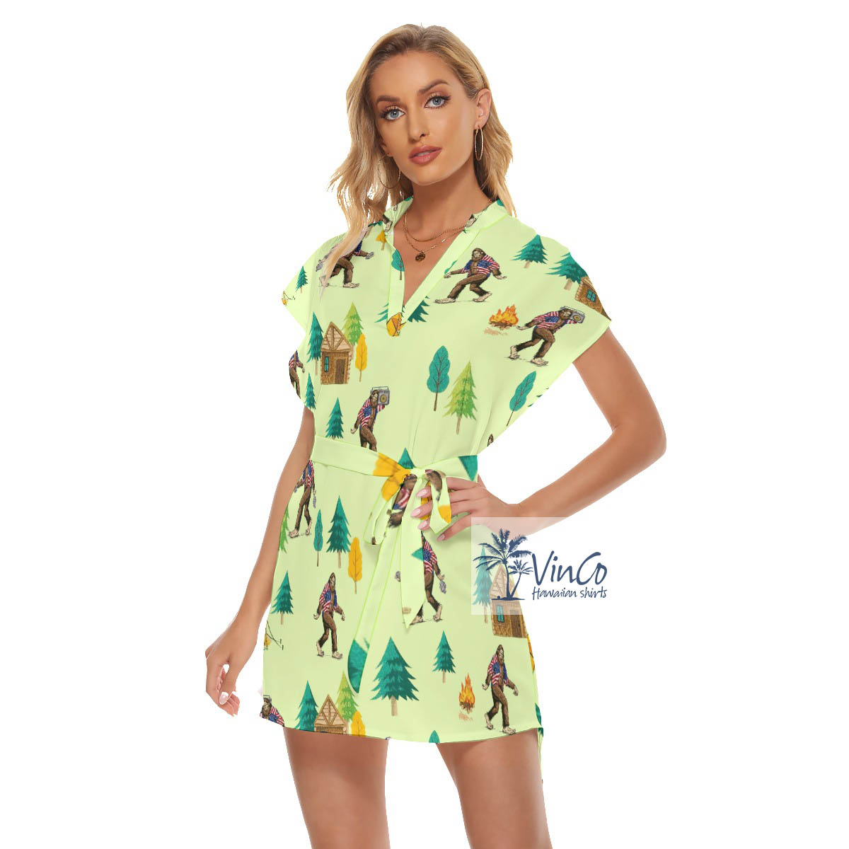 Bigfoot Camping Summer Hawaiian Dress With Tie
