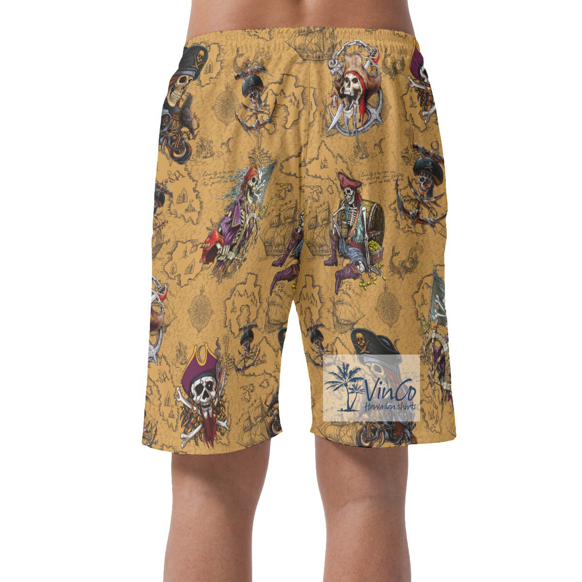 Skeleton Pirate Vintage Yellow Hawaiian Beach Shorts
