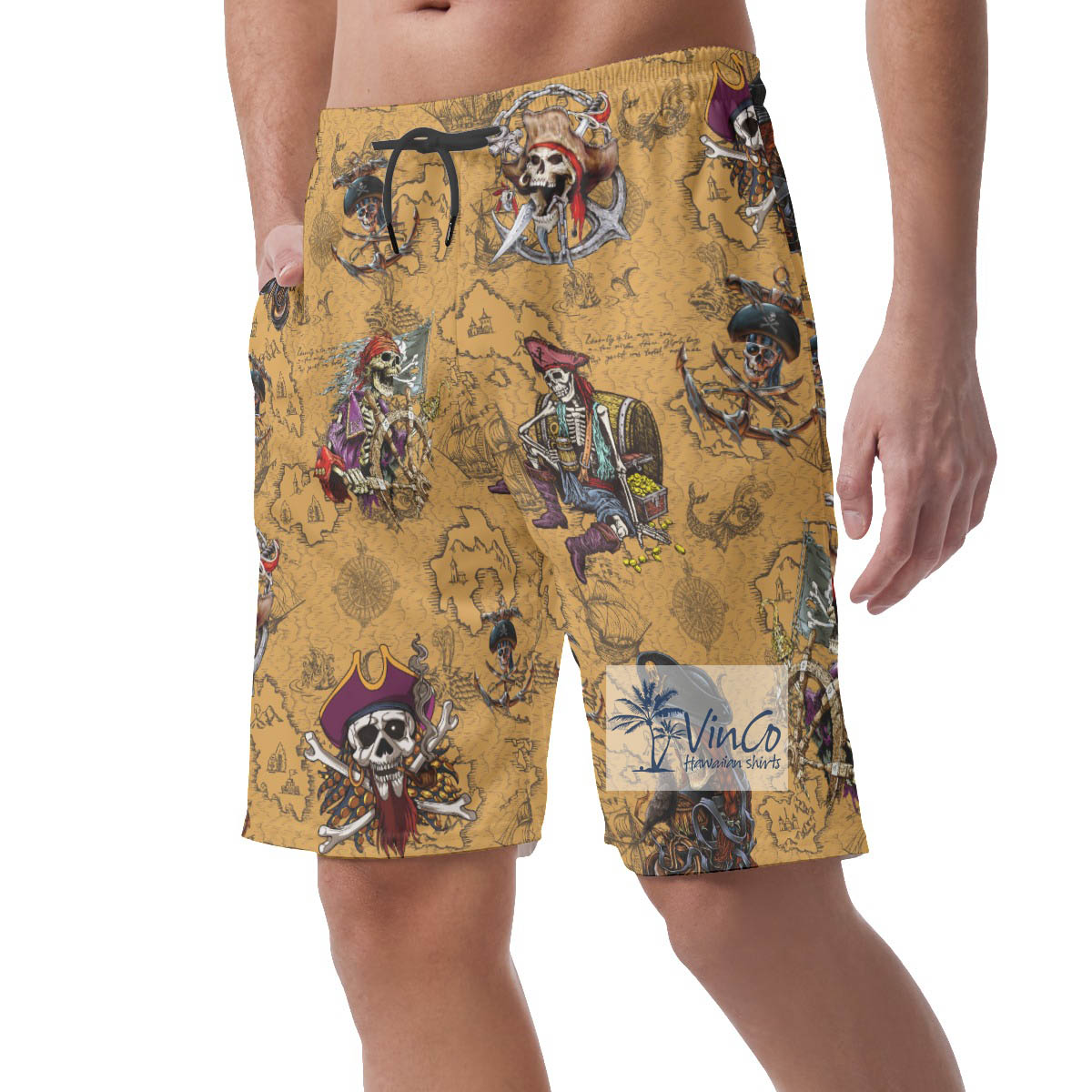 Skeleton Pirate Vintage Yellow Hawaiian Beach Shorts