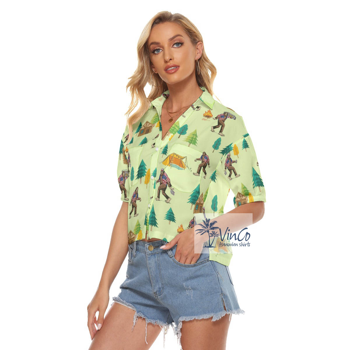 Bigfoot Jungle Crop Top Hawaiian Shirt For Women