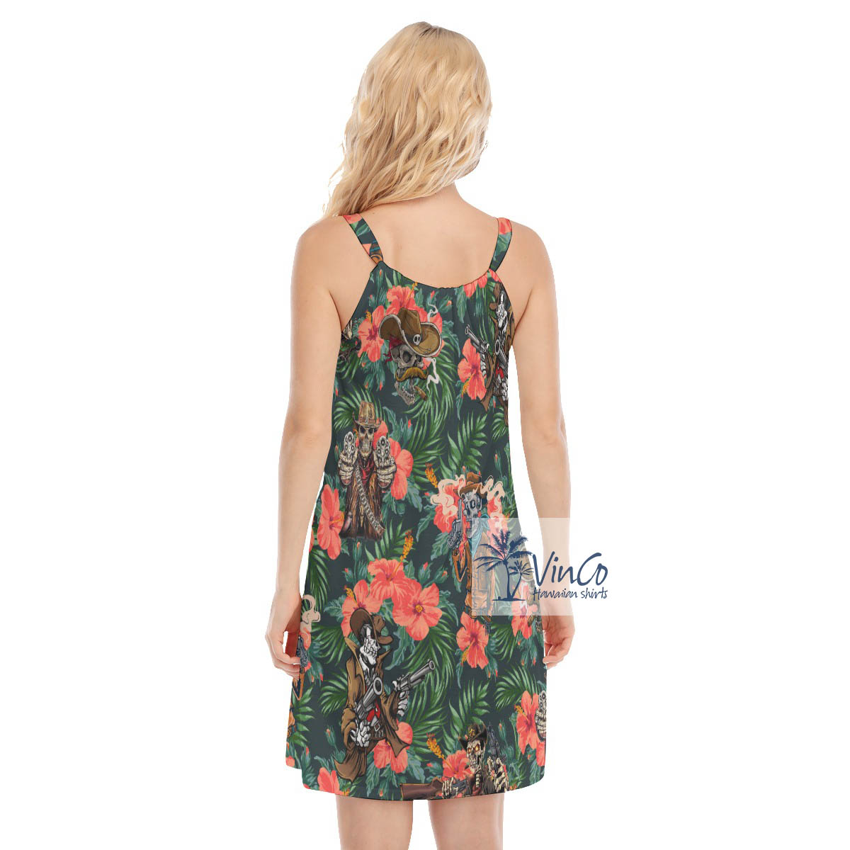 Funny Skeleton With Gun Hibiscus Aloha Cami Dress For Women
