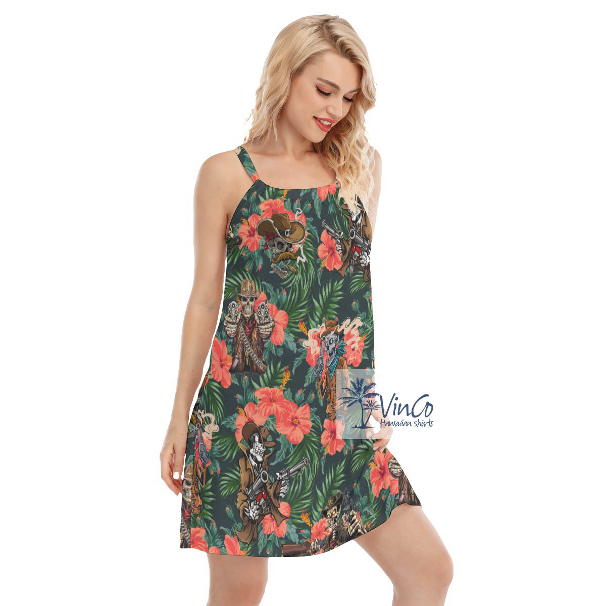 Funny Skeleton With Gun Hibiscus Aloha Cami Dress For Women