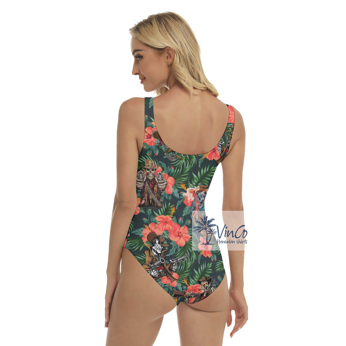 Funny Tropical Skeleton Gun Hawaiian Swimsuit For Summer