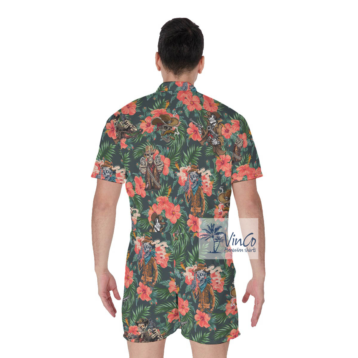 Tropical Skeleton With Gun Men's Hawaiian Romper