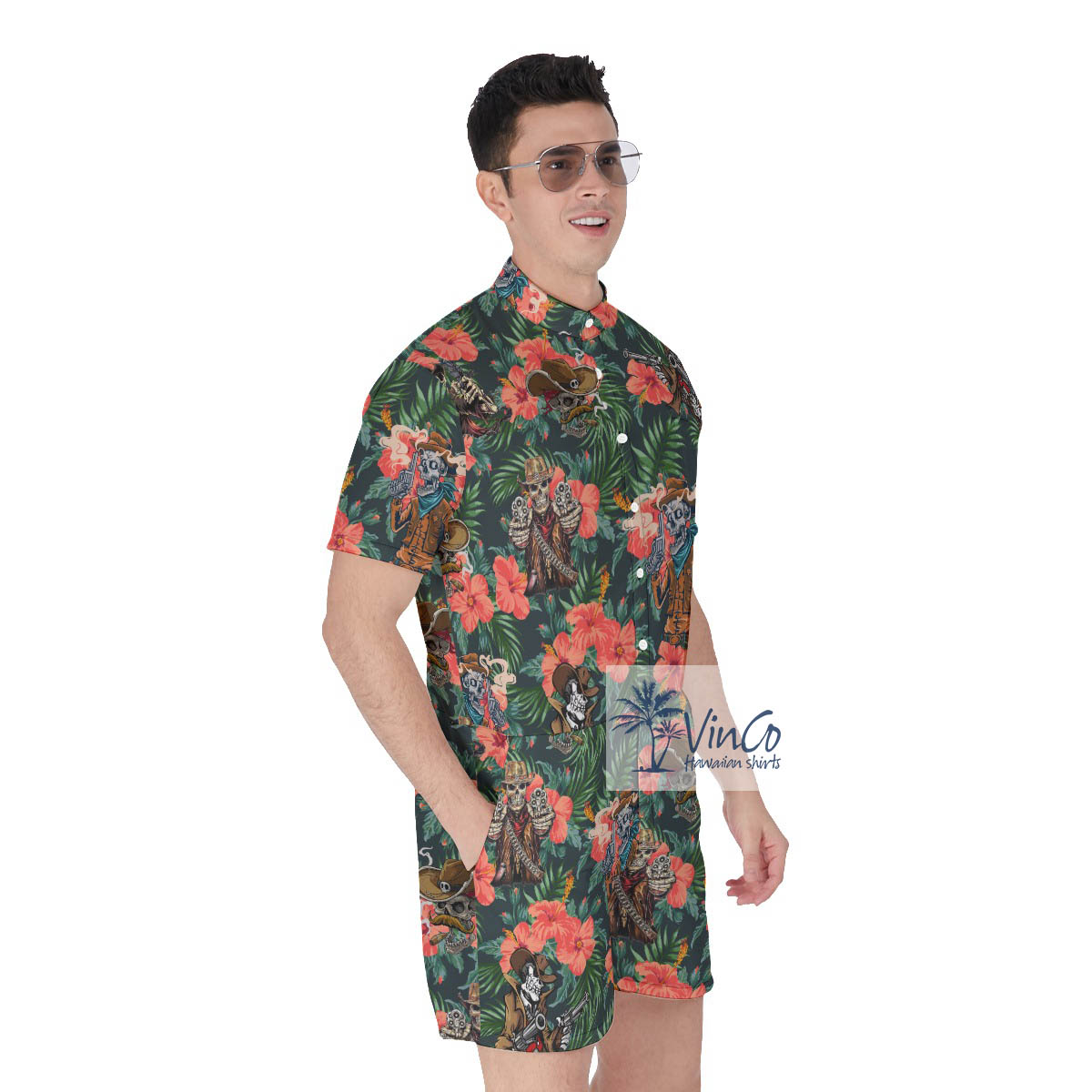 Tropical Skeleton With Gun Men's Hawaiian Romper