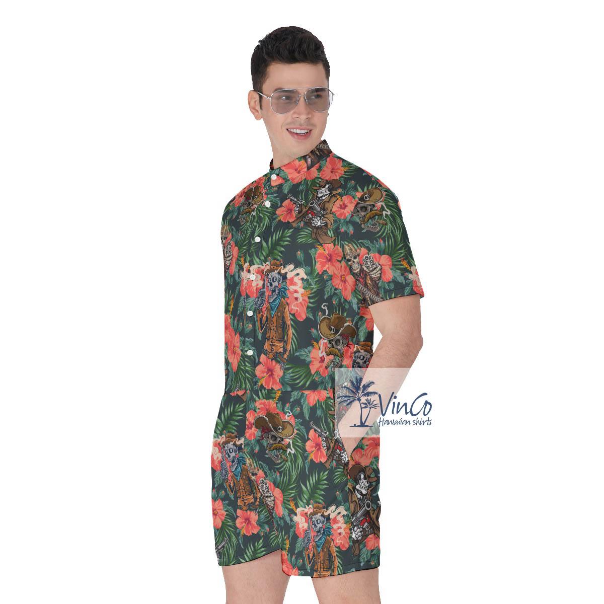Tropical Skeleton With Gun Men's Hawaiian Romper