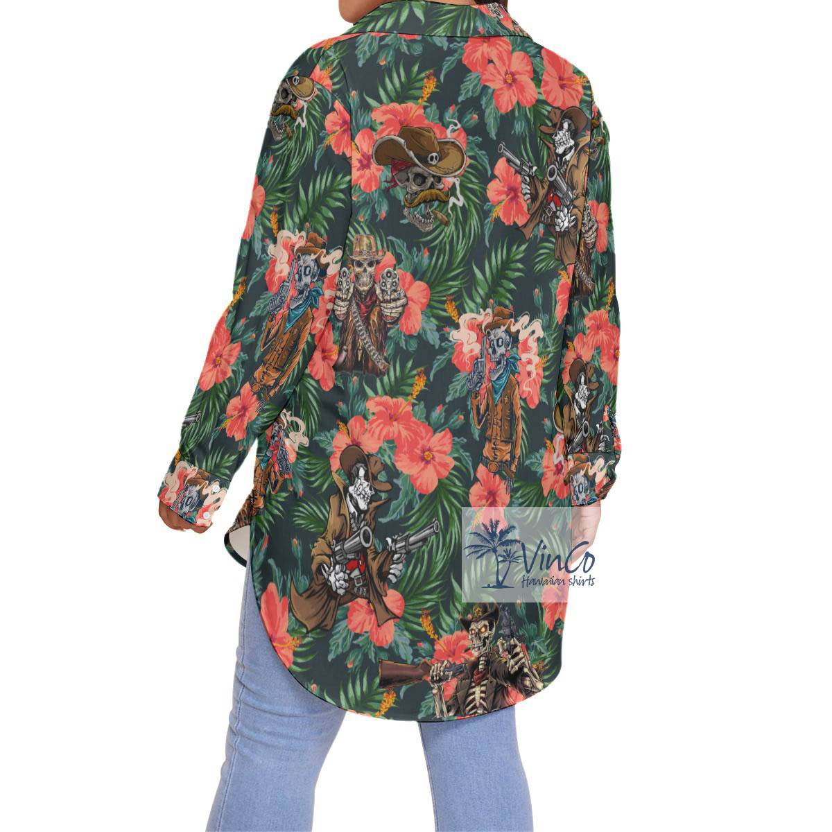 Hibiscus Skelenton Gun Aloha Plus Size Shirt For Women