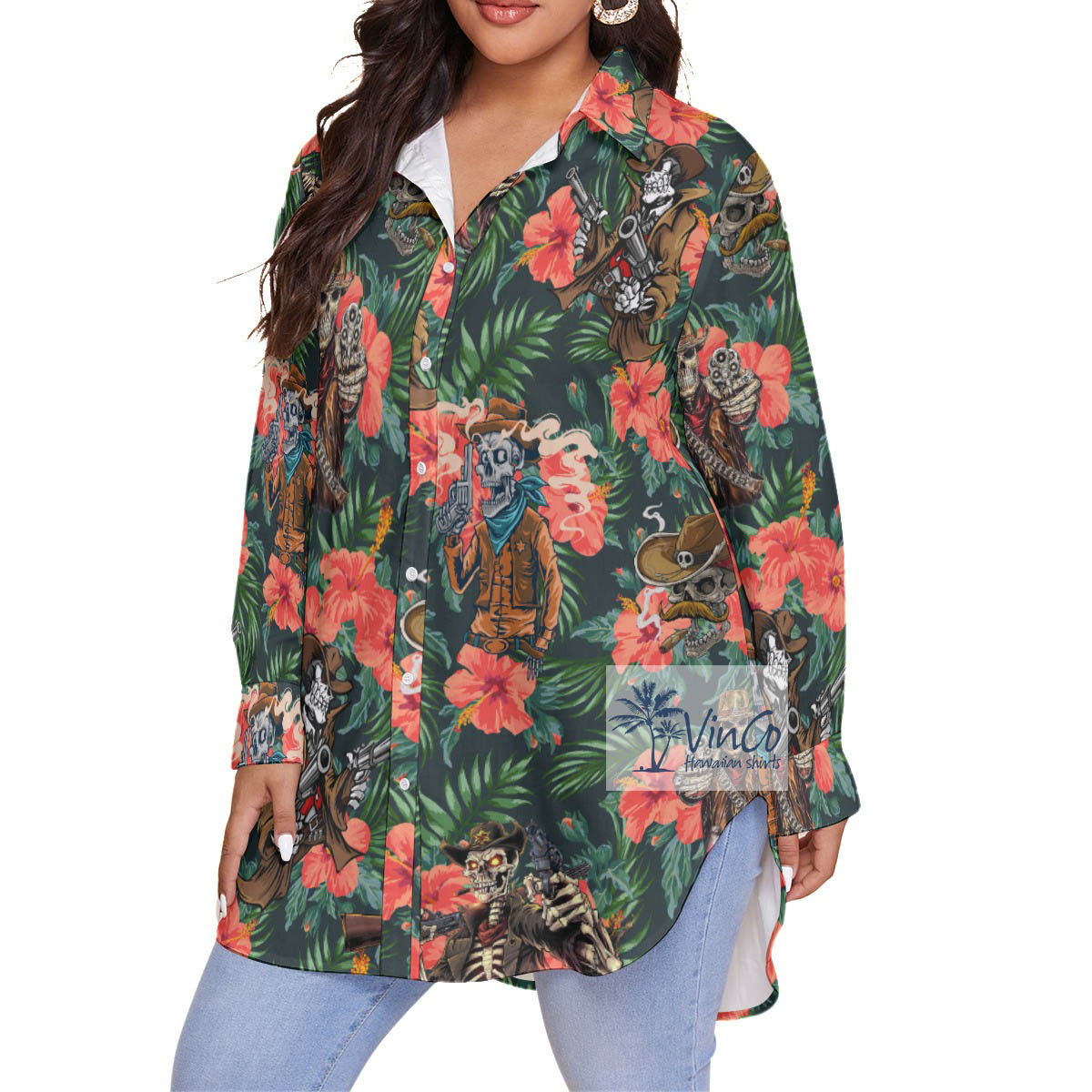 Hibiscus Skelenton Gun Aloha Plus Size Shirt For Women