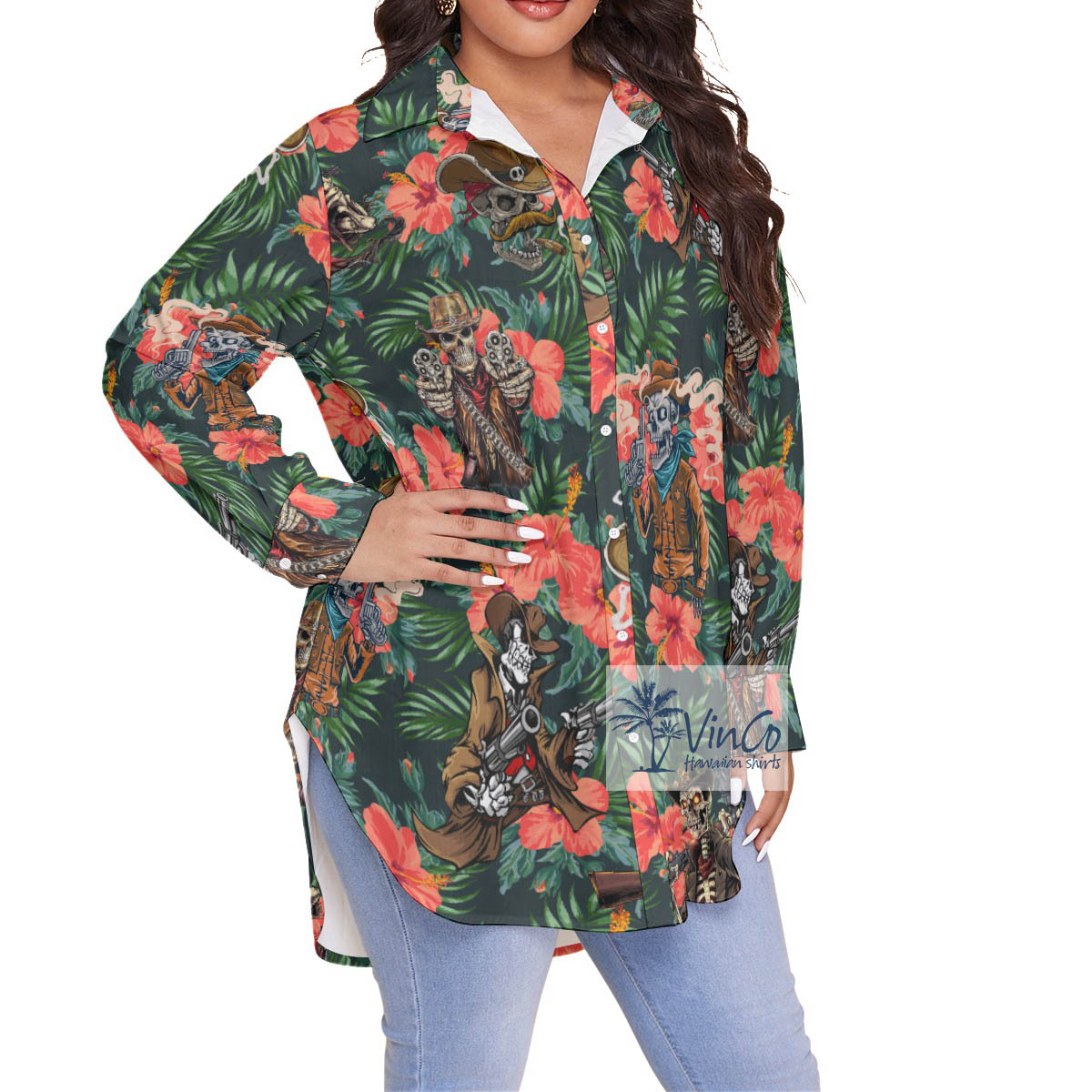 Hibiscus Skelenton Gun Aloha Plus Size Shirt For Women