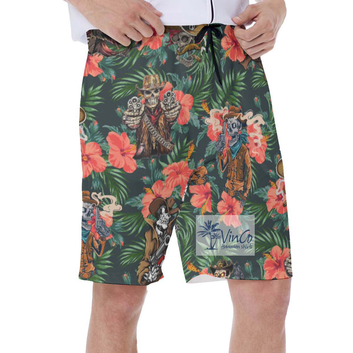 Funny Tacticals Skeleton Tropical Hibiscus Hawaiian Swim Trunks