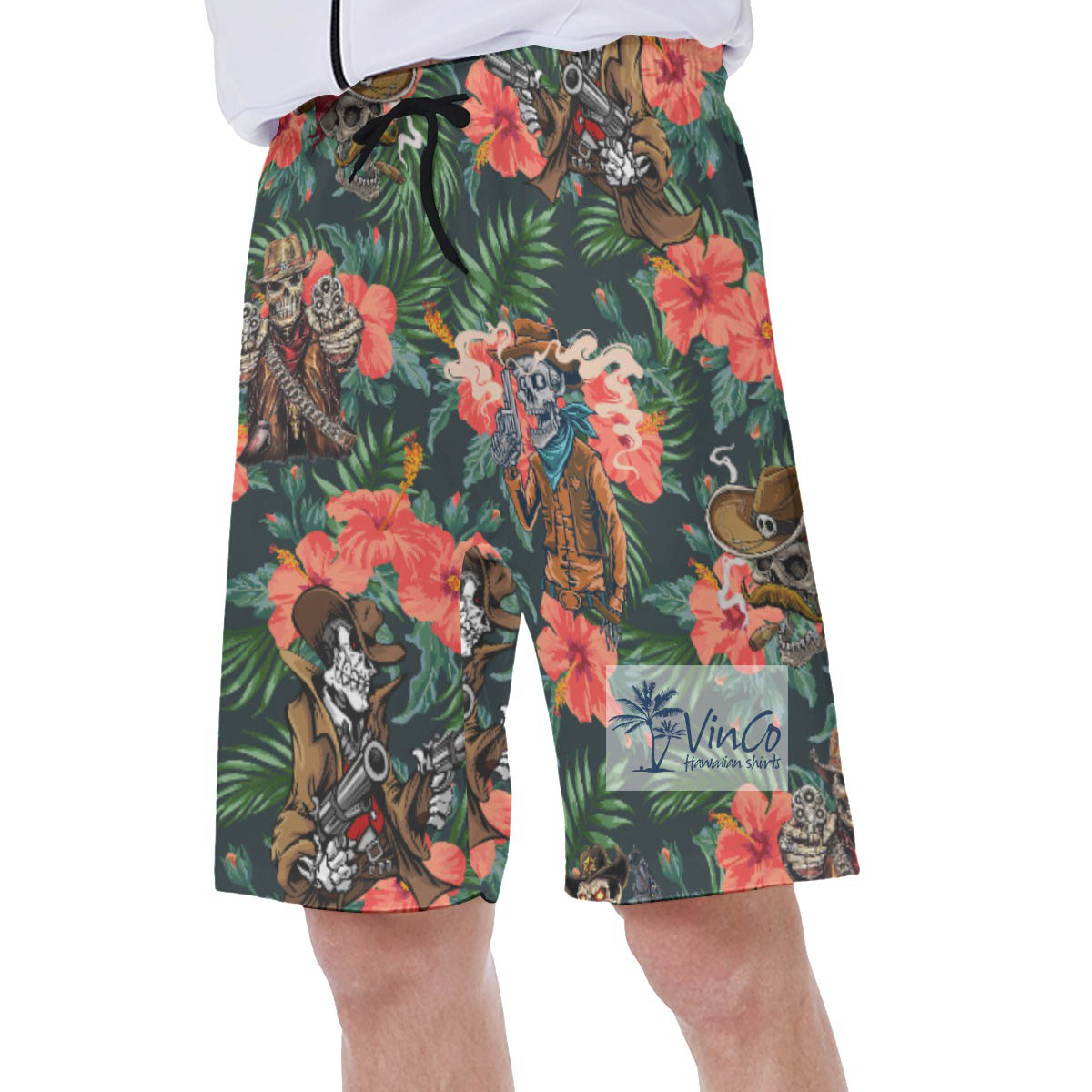 Funny Tacticals Skeleton Tropical Hibiscus Hawaiian Swim Trunks