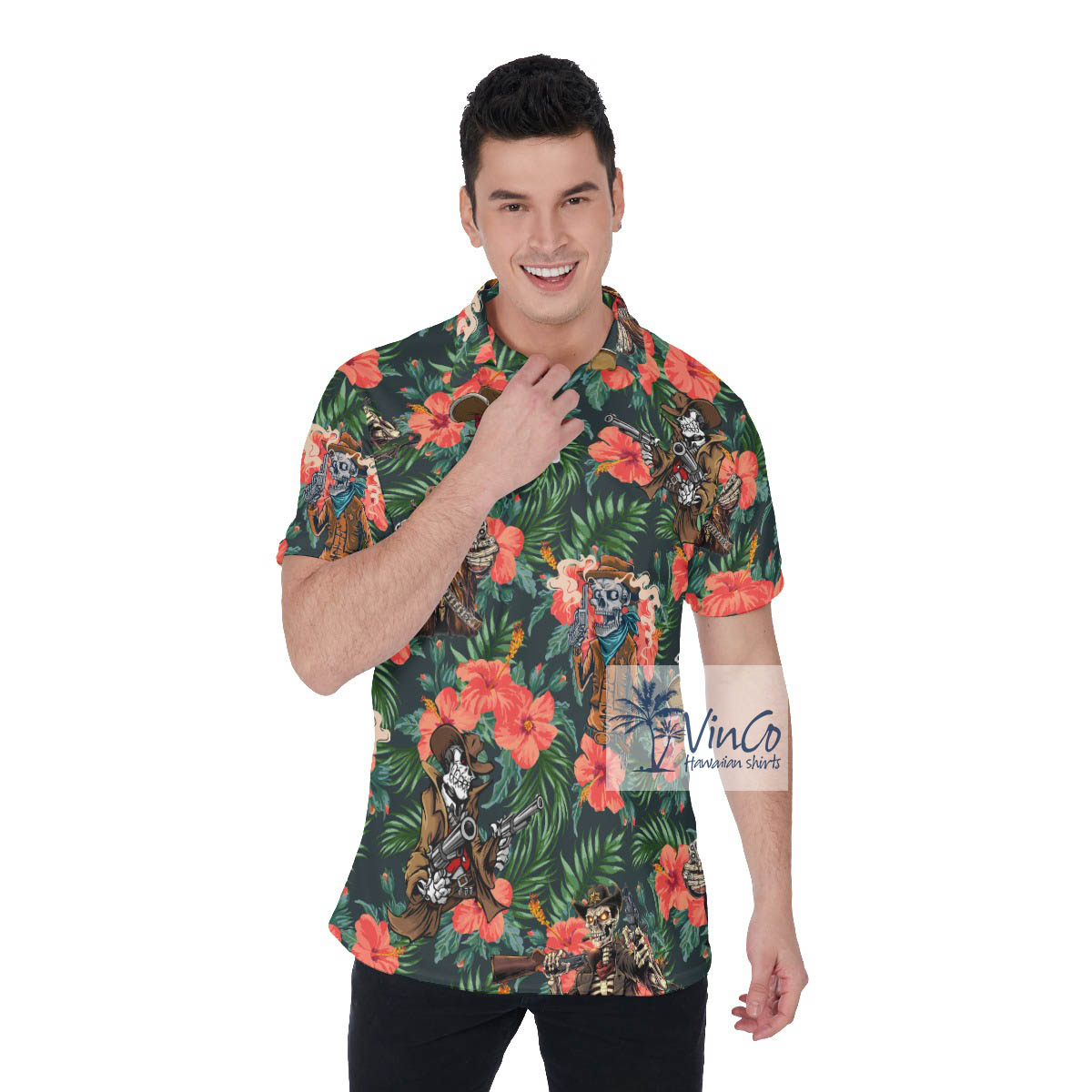 Funny Skeleton Gun Tactical Floral Hawaiian Polo Shirt - variant image 1