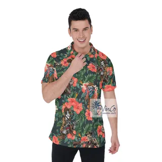 Funny Skeleton Gun Tactical Floral Hawaiian Polo Shirt