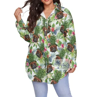 Pug Pineapple Floral Hawaiian Blouse Shirt For Women