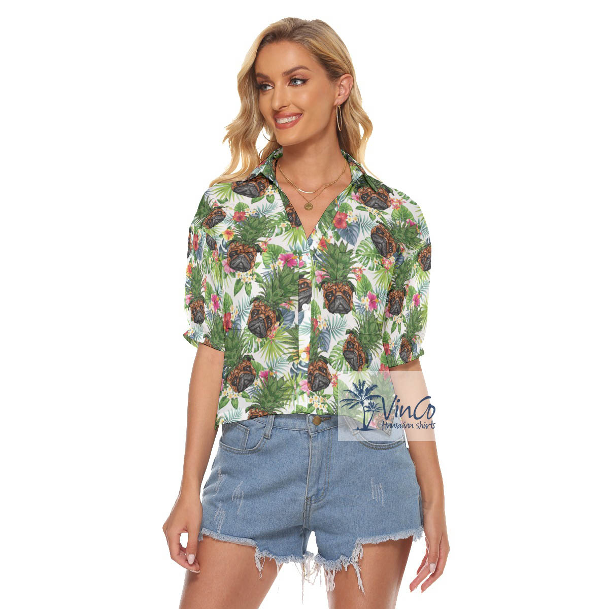 Tropical Pug Pineapple Aloha Cropped Shirt For Women - variant image 1