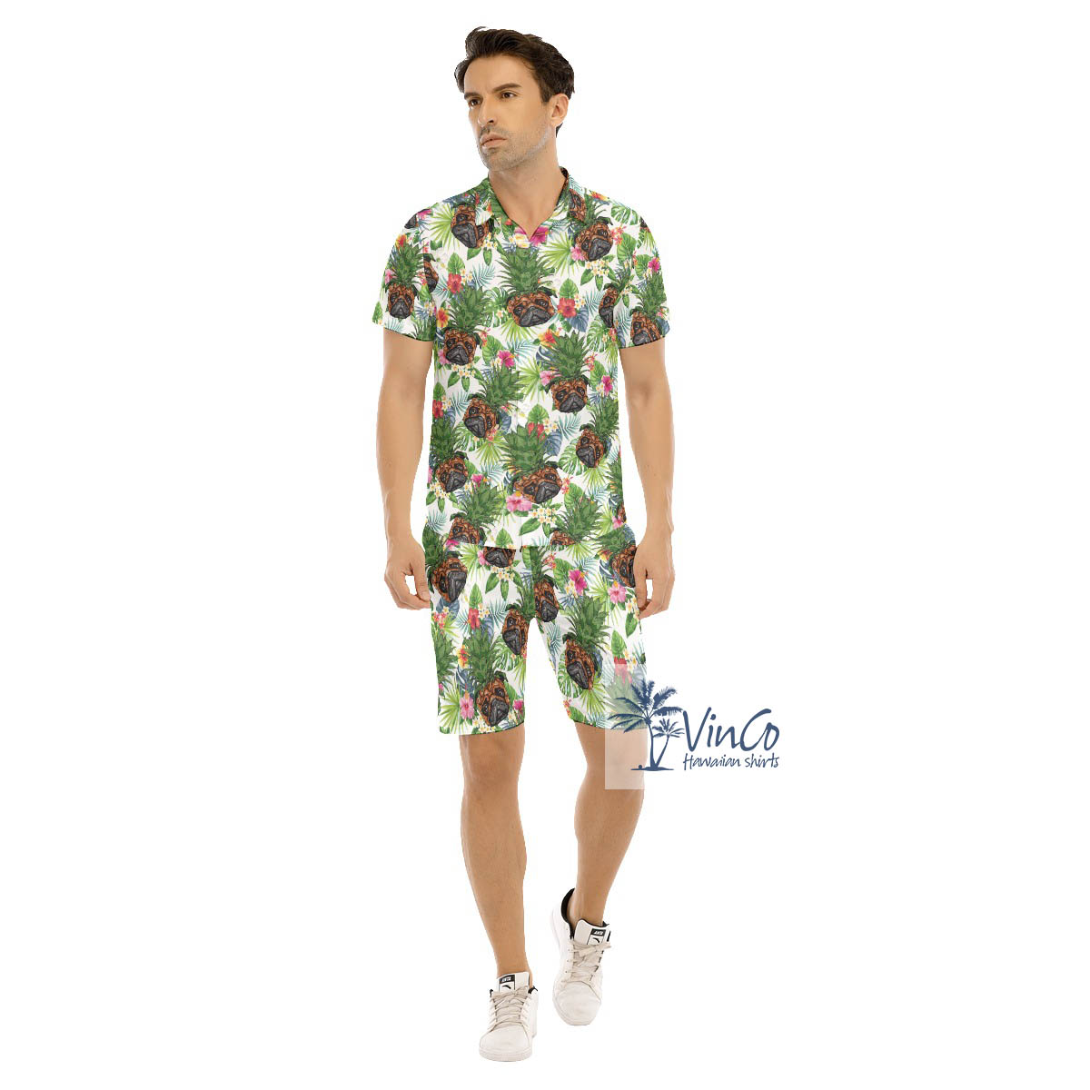 Set Pineapple Pug Tropical Hawaiian Shirt And Beach Shorts For Men - variant image 1