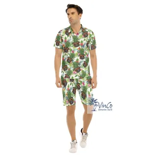 Set Pineapple Pug Tropical Hawaiian Shirt And Beach Shorts For Men