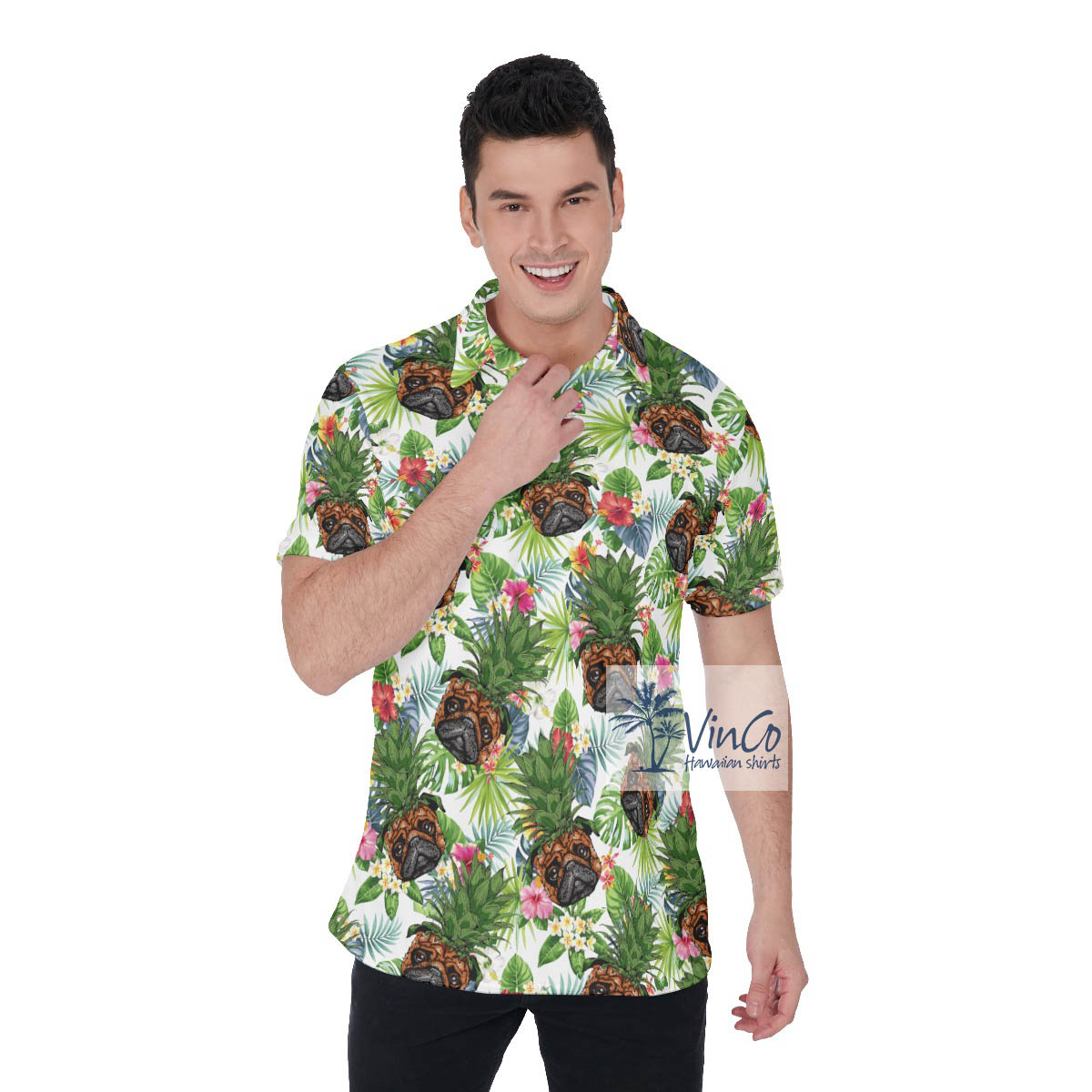 Floral Pug Pineapple Hawaiian Polo Shirt - variant image 1