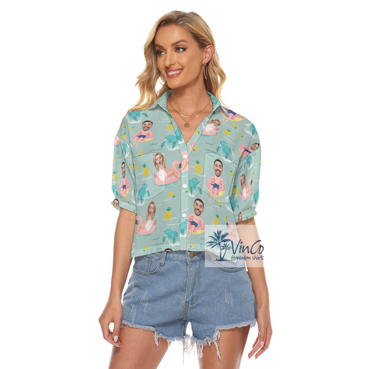Funny Personalize Couple Faces Hawaiian Cropped Shirt - variant image 1