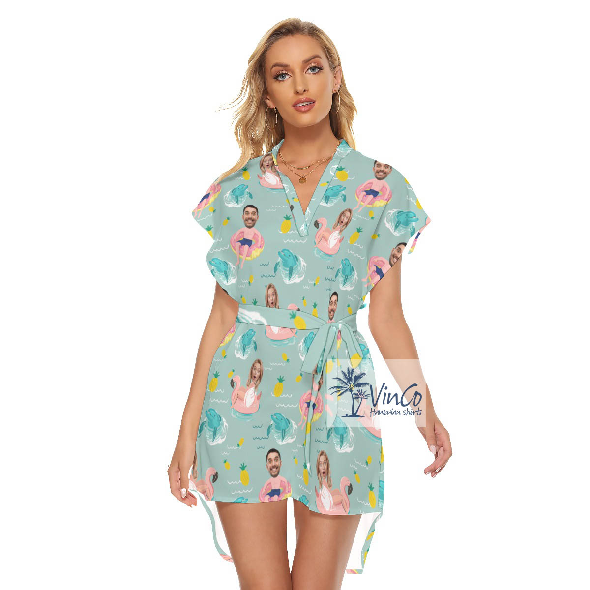 Custom Couple Faces Swimming Pool Flamingo Float Hawaiian Dress - variant image 1