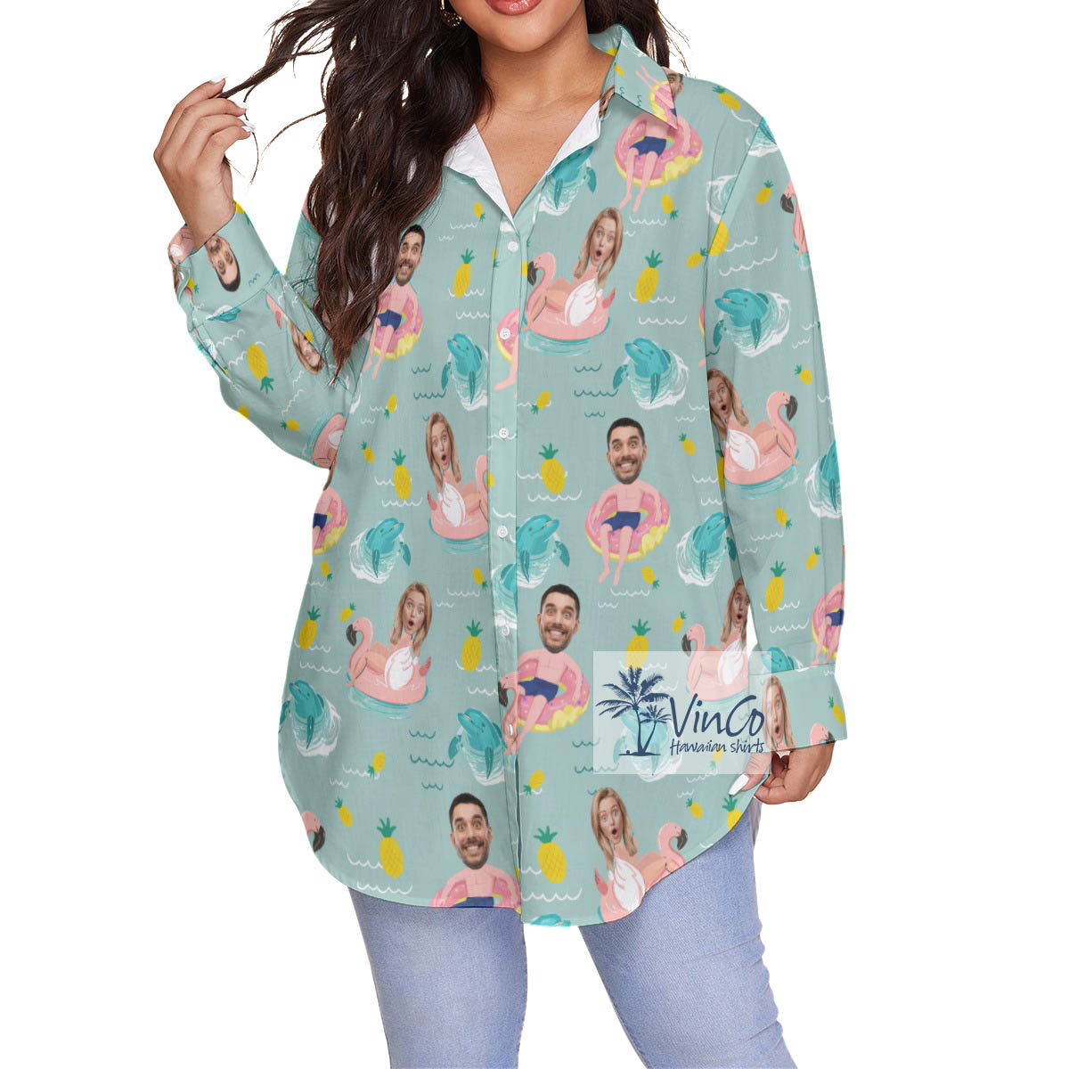 Custom Face Couples Swimming Flamingo Float Oversized Shirt For Women - variant image 1