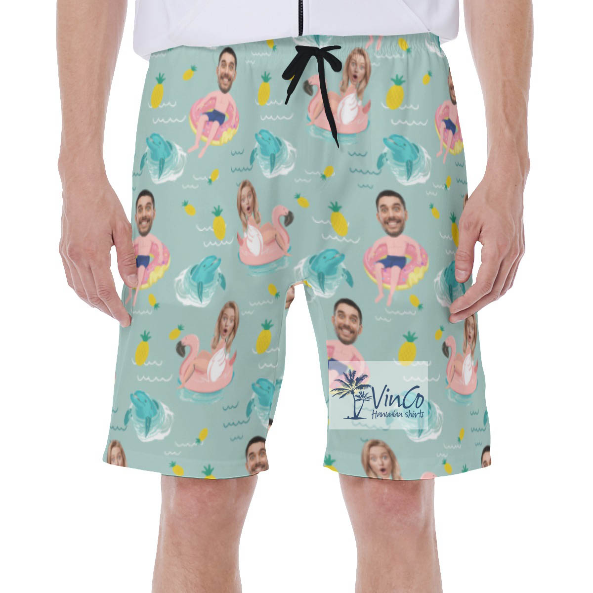 Custom 2 Faces Swimming Flamingo Float Swim Trunks For Men - variant image 1