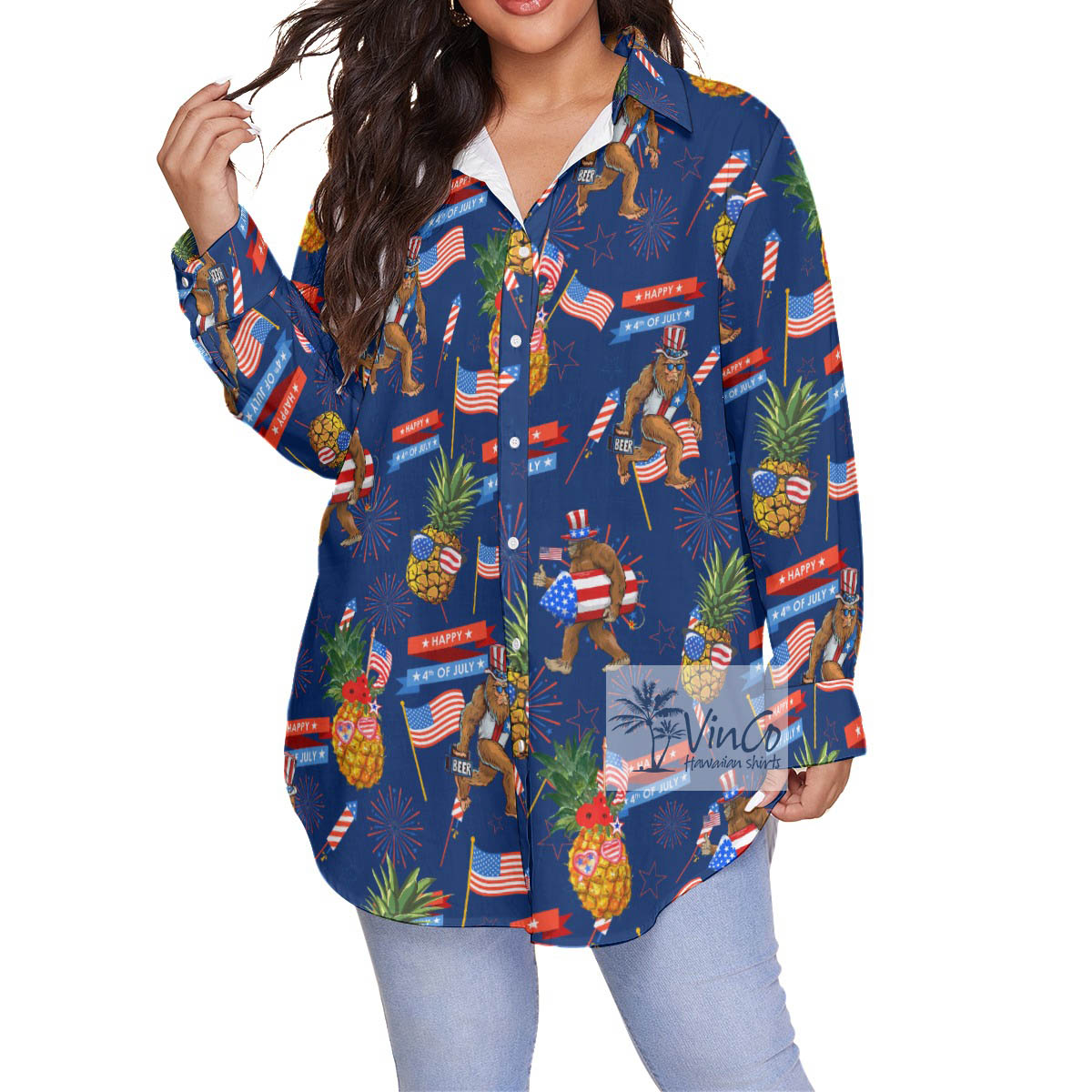 4th Of July Pineapple Bigfoot Aloha Plus Size Shirt For Women - variant image 1