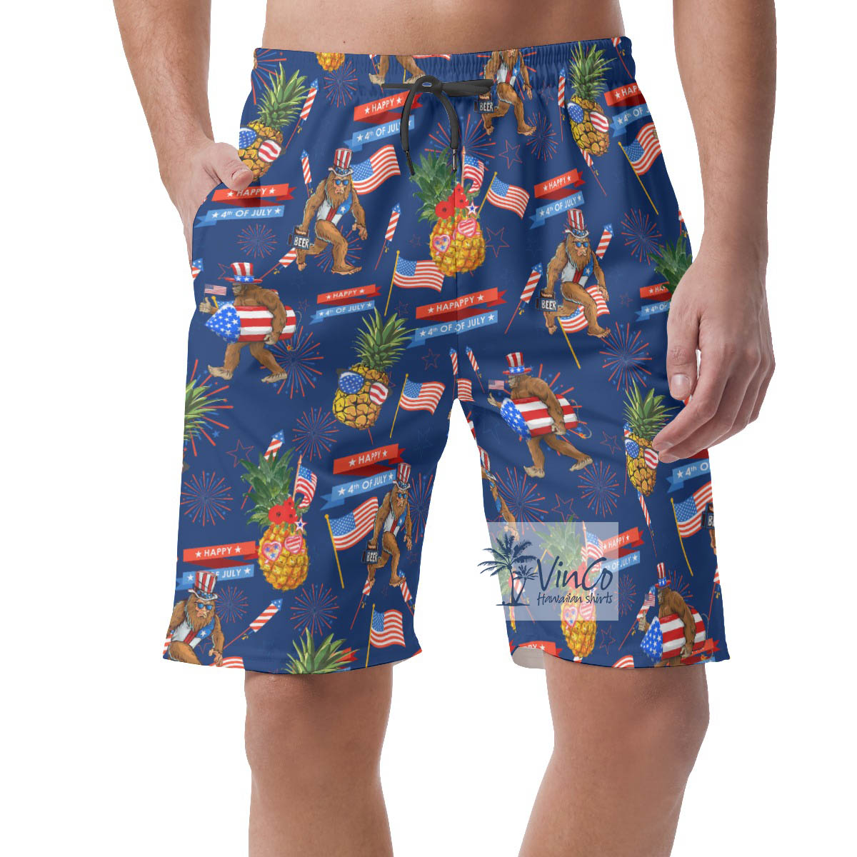 Patriotic Pineapple Bigfoot Navy Hawaiian Beach Shorts For Men - variant image 1