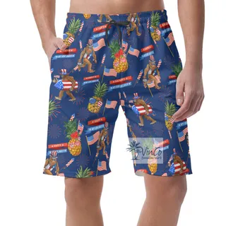 Patriotic Pineapple Bigfoot Navy Hawaiian Beach Shorts For Men