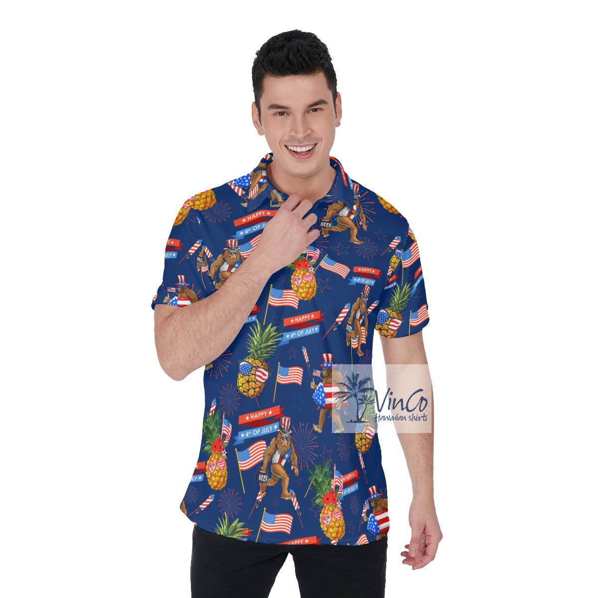 4th Of July Pineapple Sasquatch Hawaiian Polo Shirt - variant image 1