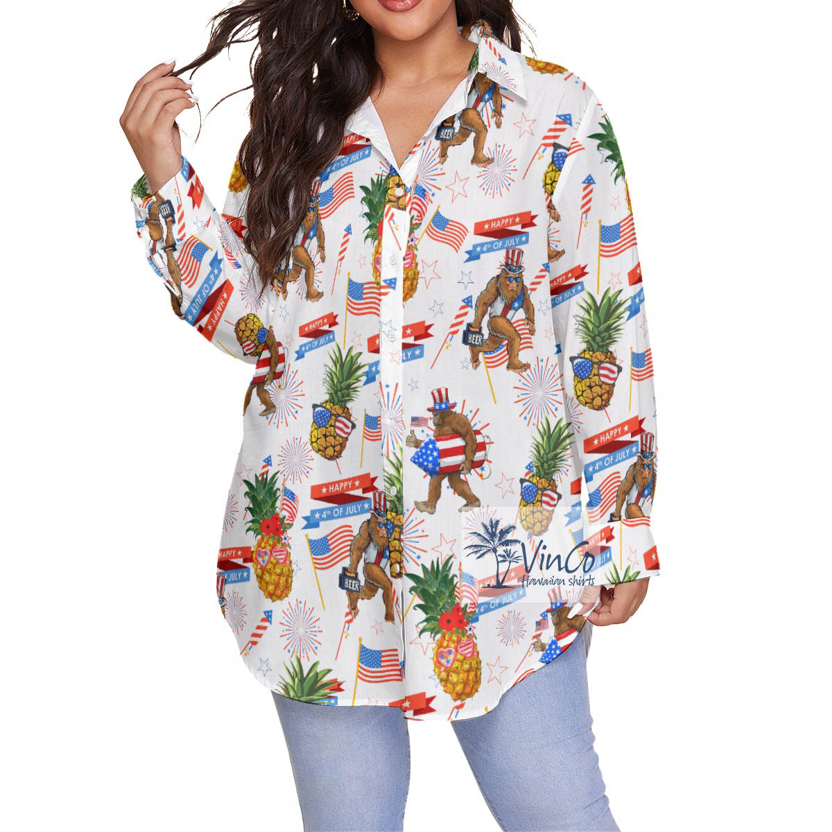 Funny Patriotic Sasquatch Pineapple Plus Size Aloha Shirt For Women - variant image 1