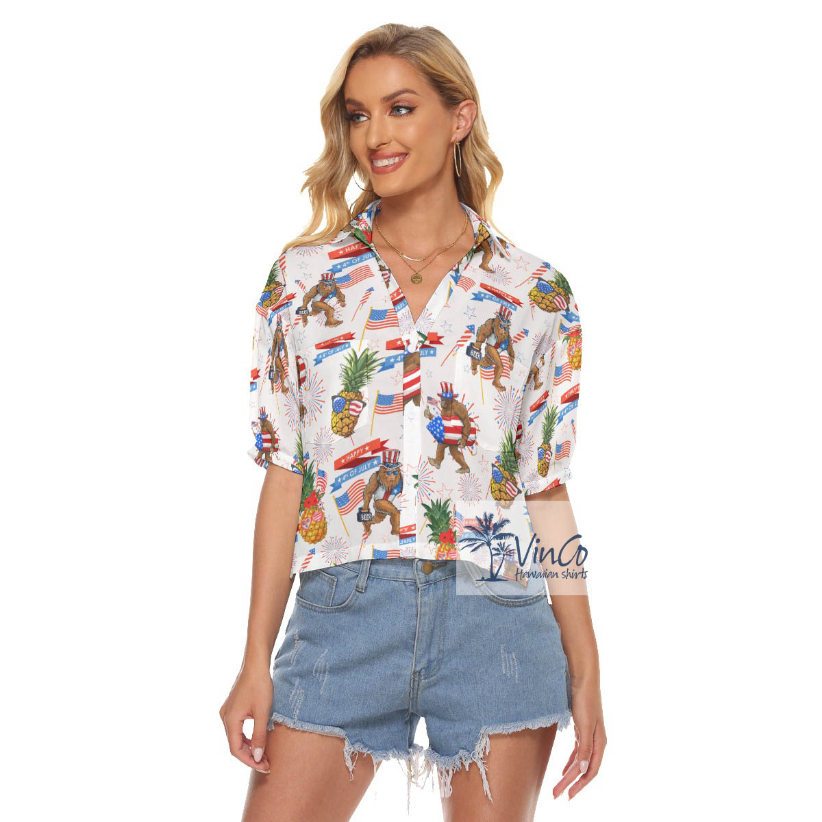 Funny Bigfoot And Pineapple American Flag Aloha Cropped Shirt For Women - variant image 1