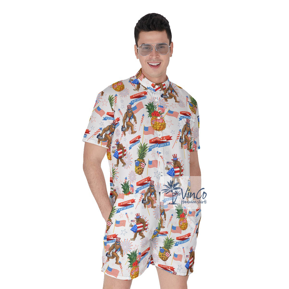 Funny Patriotic Pineapple Sasquatch Men's Hawaiian Romper - variant image 1