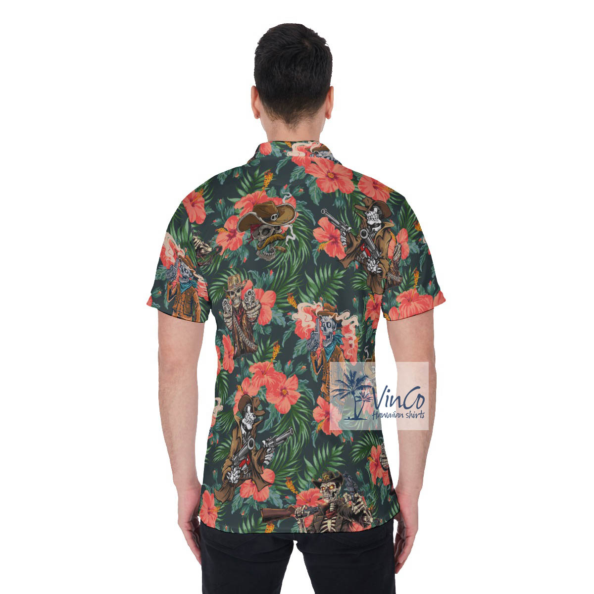 Funny Skeleton Gun Tactical Floral Hawaiian Polo Shirt