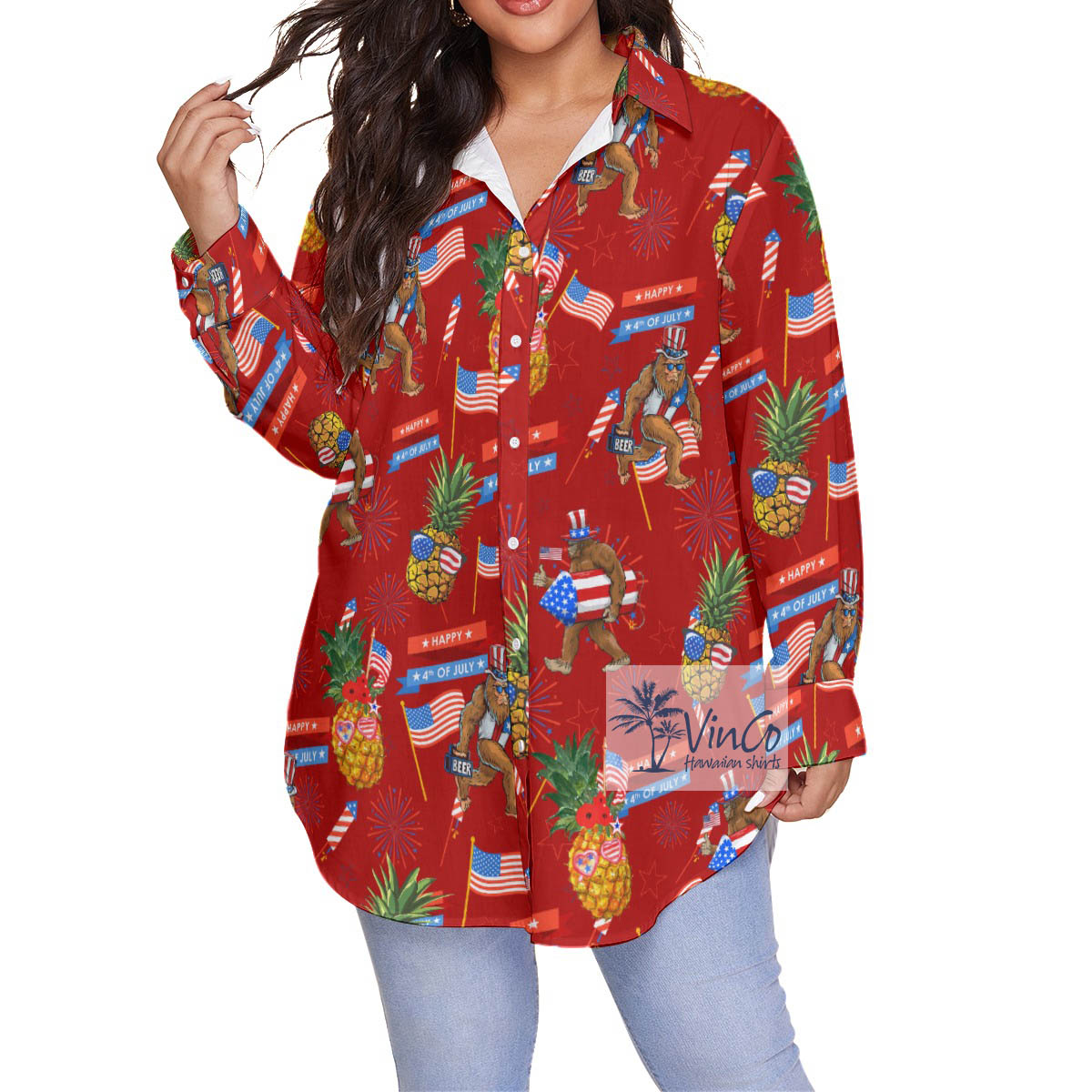American Flag Pineapple Sasquatch Plus Size Red Hawaiian Shirt - variant image 1