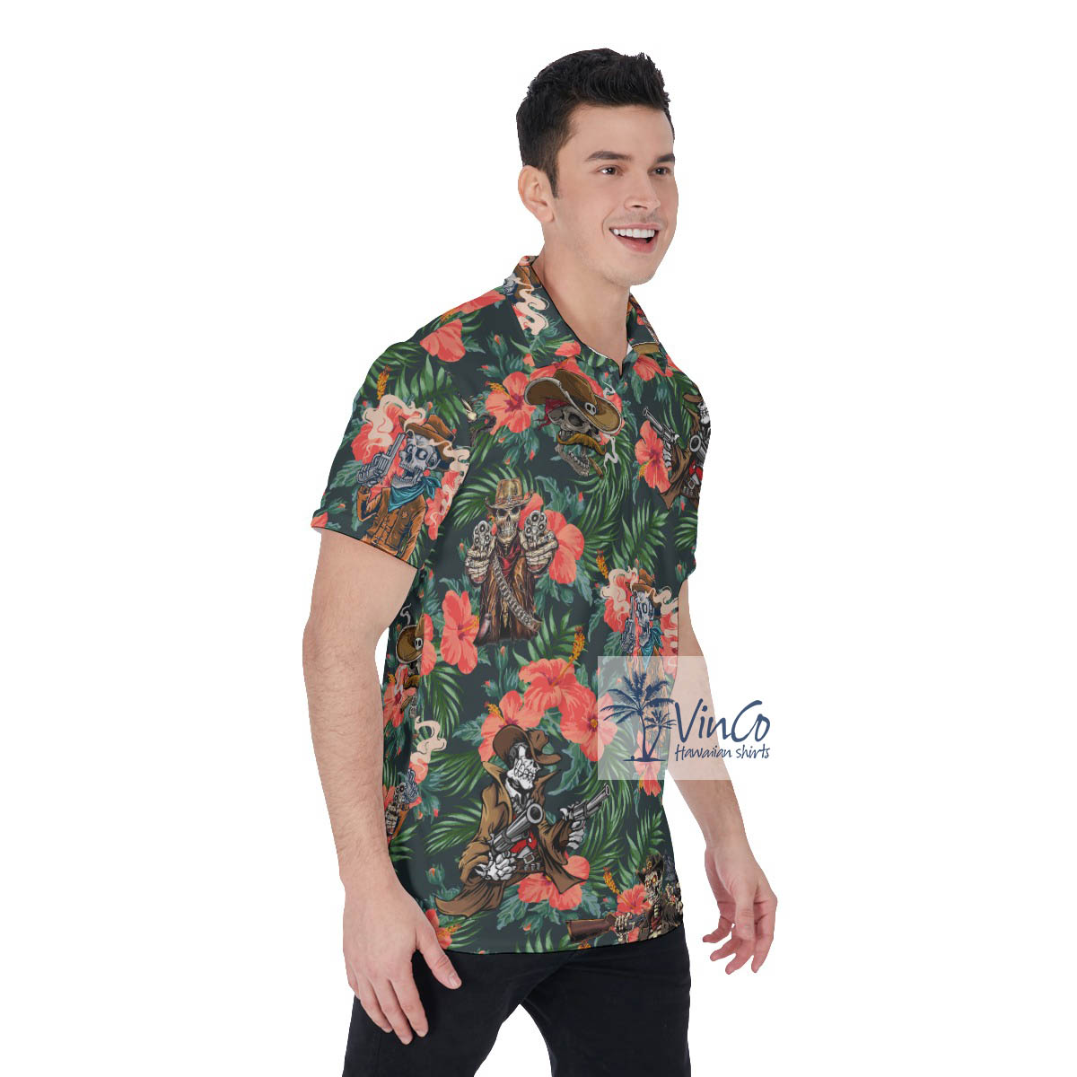 Funny Skeleton Gun Tactical Floral Hawaiian Polo Shirt