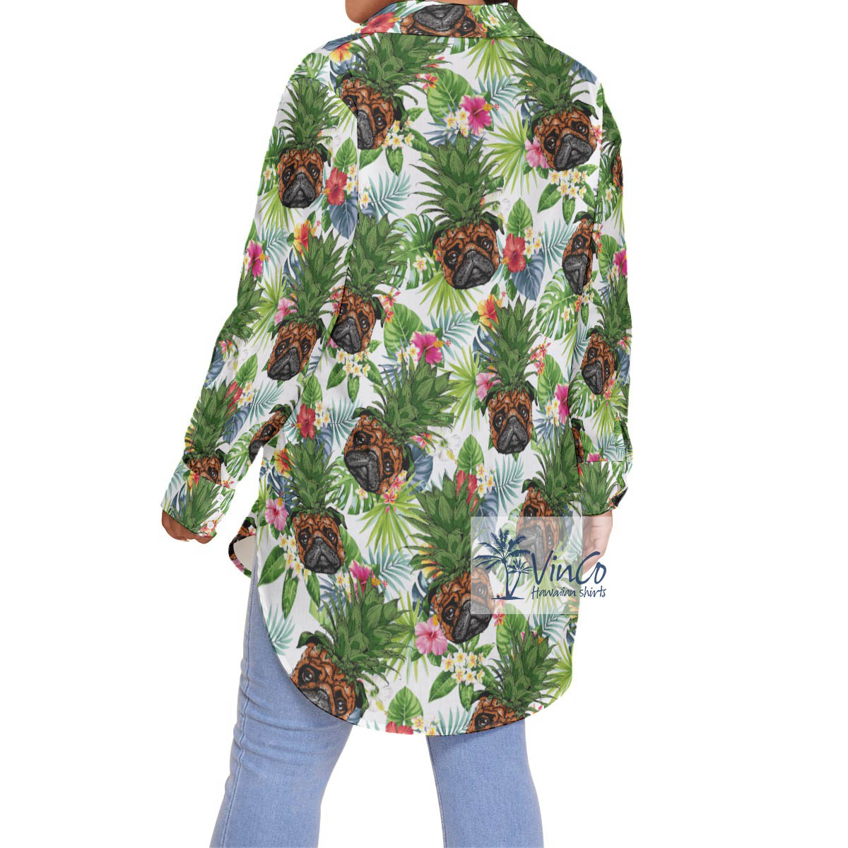 Pug Pineapple Floral Hawaiian Blouse Shirt For Women