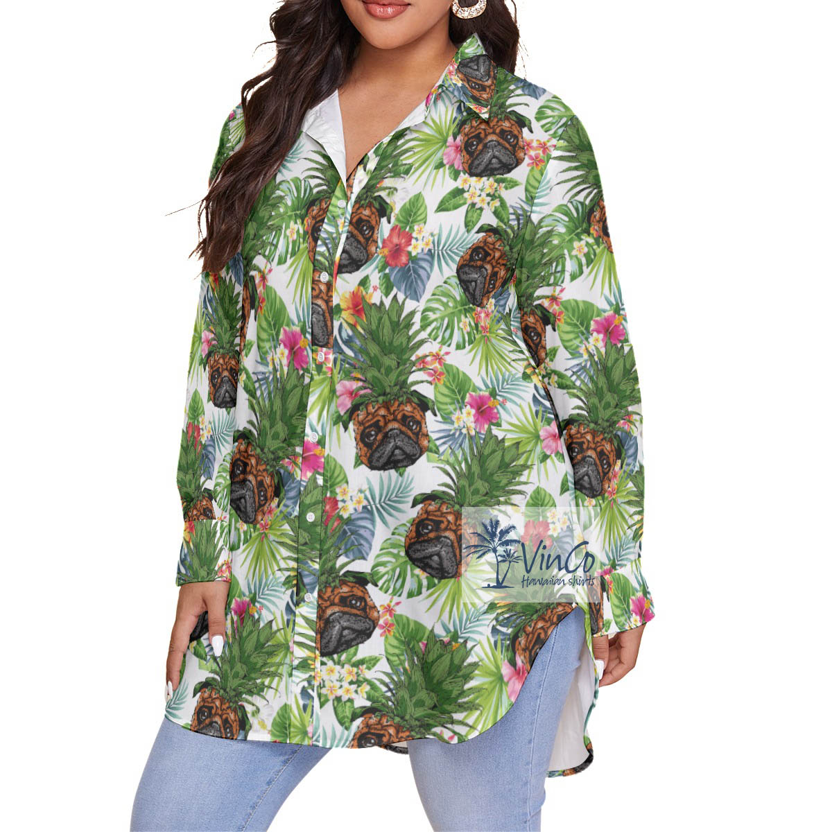 Pug Pineapple Floral Hawaiian Blouse Shirt For Women
