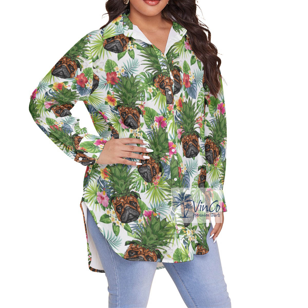Pug Pineapple Floral Hawaiian Blouse Shirt For Women