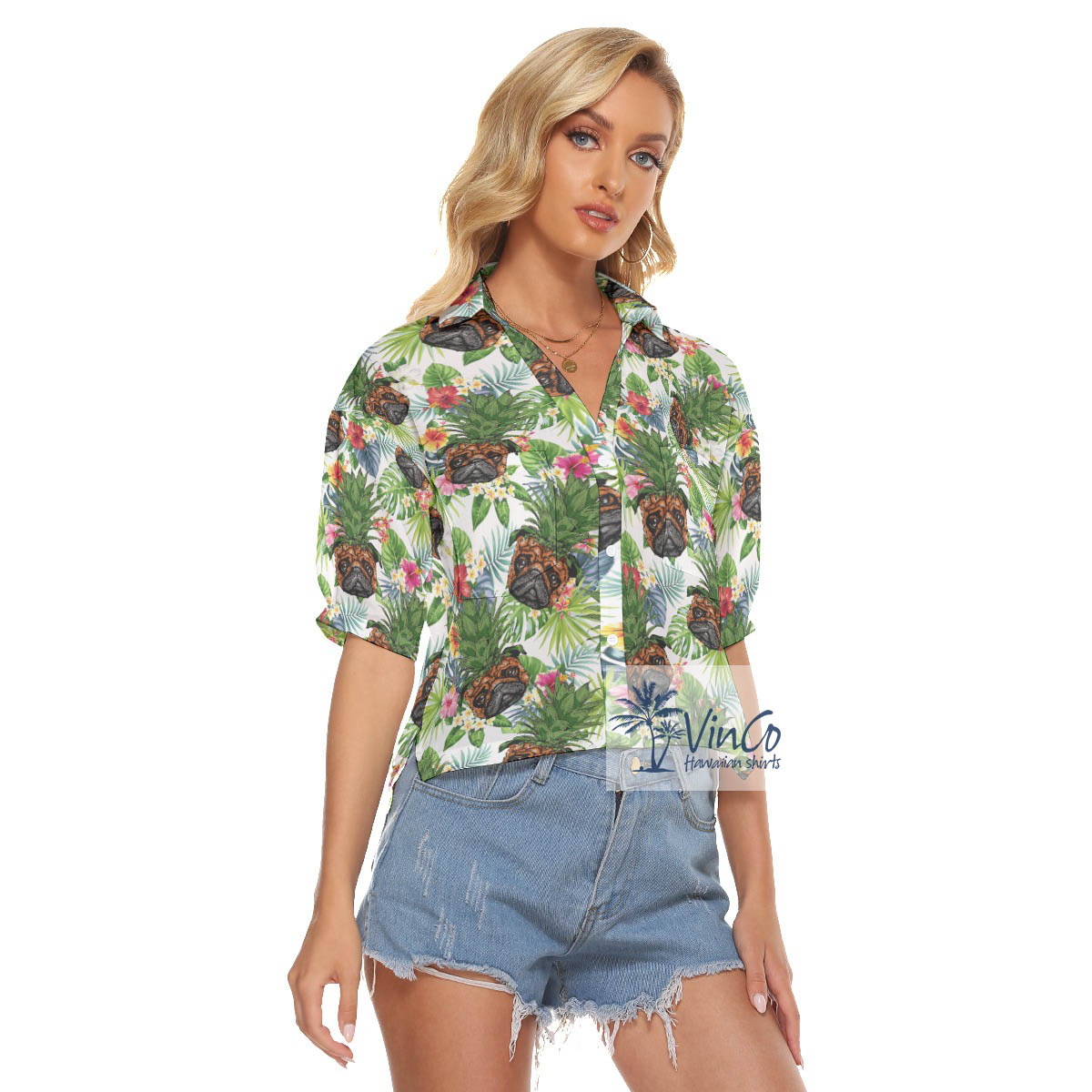 Tropical Pug Pineapple Aloha Cropped Shirt For Women