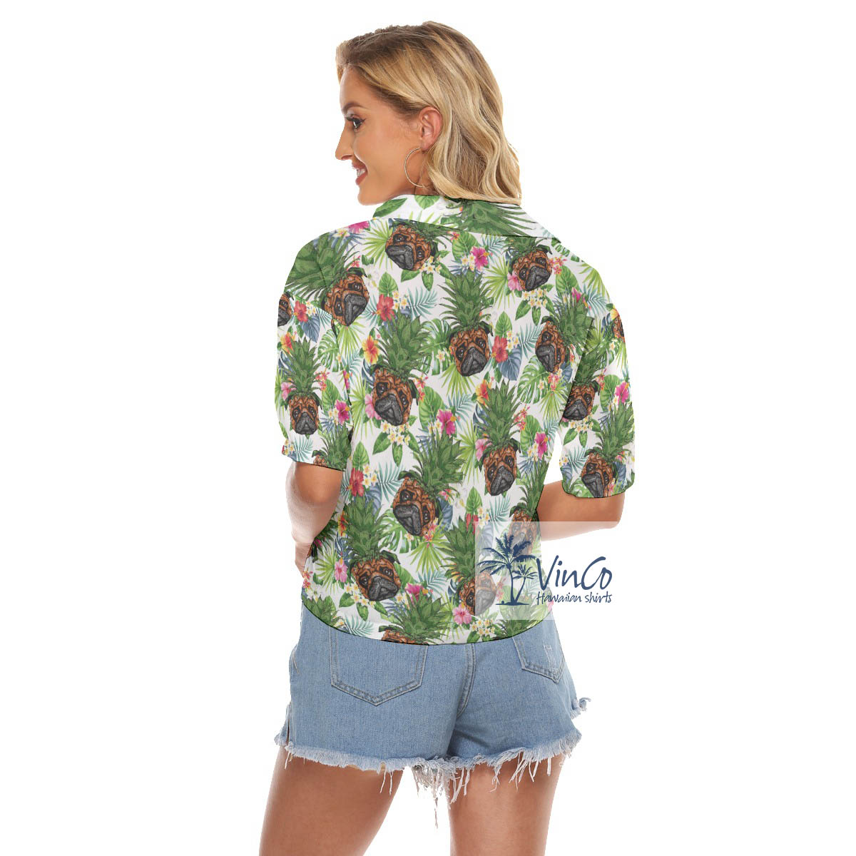 Tropical Pug Pineapple Aloha Cropped Shirt For Women