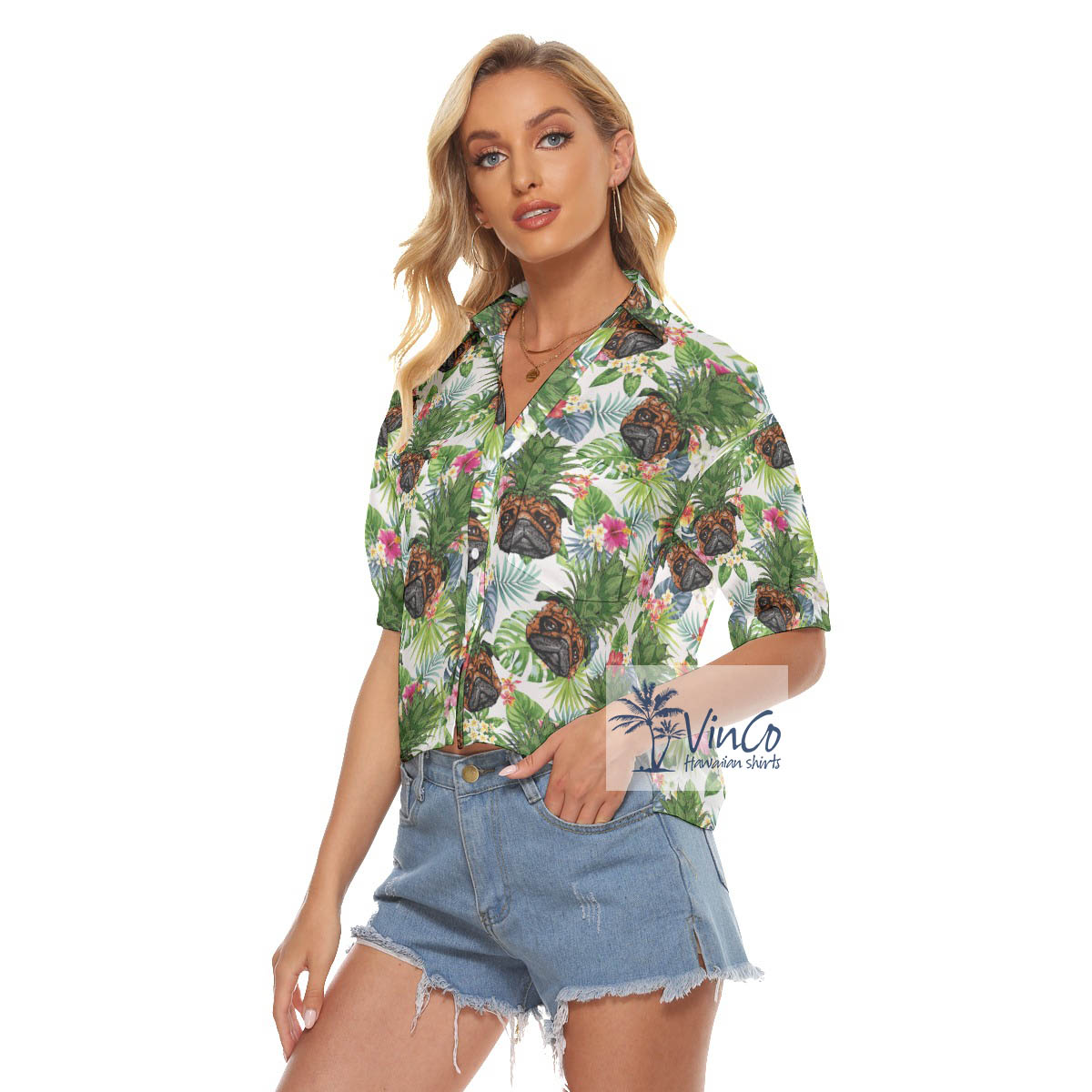 Tropical Pug Pineapple Aloha Cropped Shirt For Women