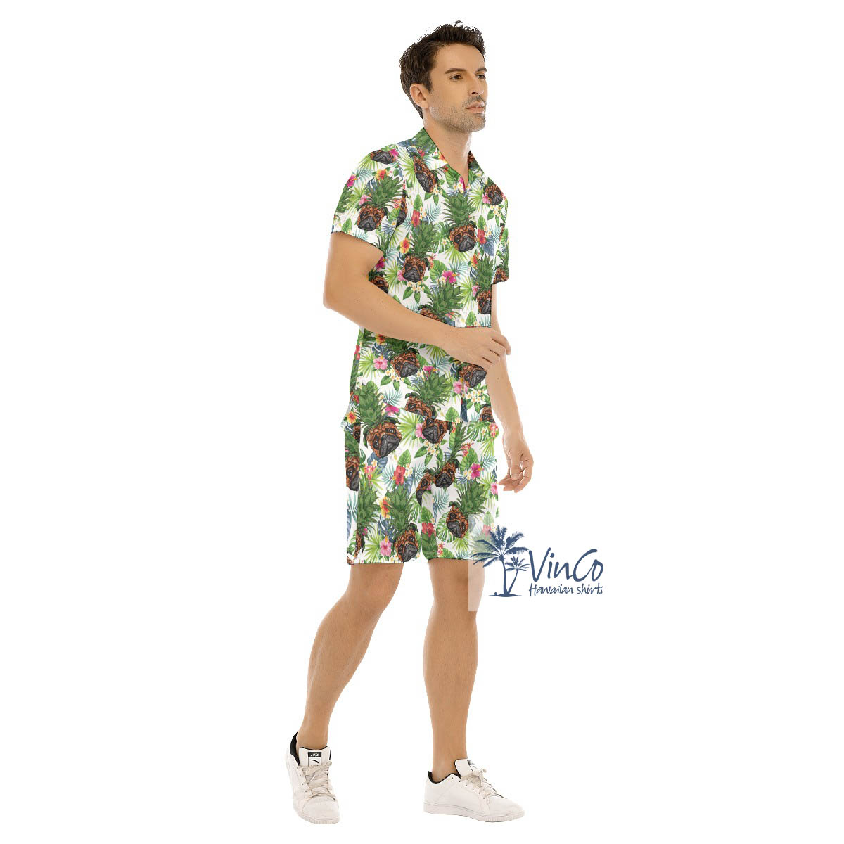 Set Pineapple Pug Tropical Hawaiian Shirt And Beach Shorts For Men