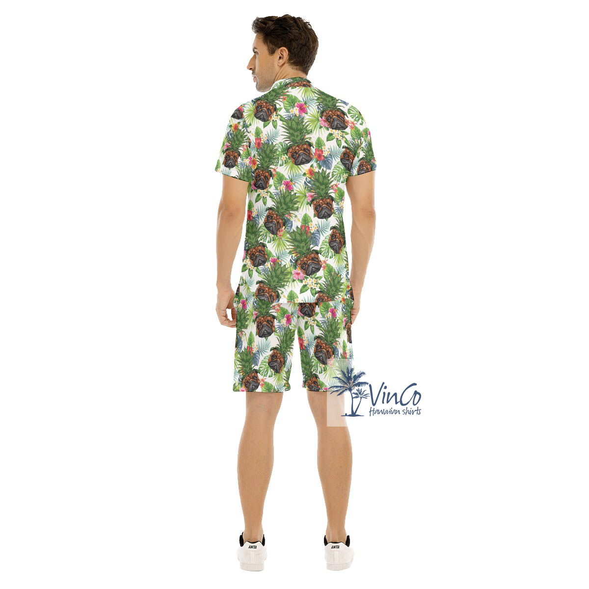 Set Pineapple Pug Tropical Hawaiian Shirt And Beach Shorts For Men
